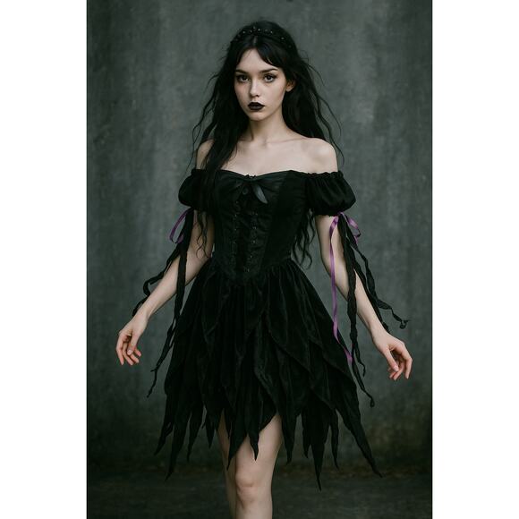 Goth Witch Fairy Grunge Corset Lace-Up Black Velvet Tattered Dress Small - Picture 1 of 7